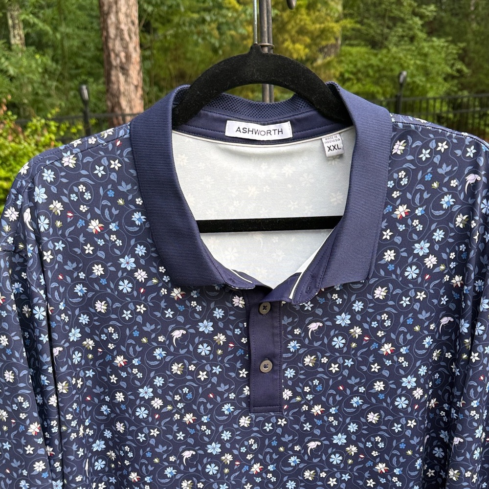 Ashworth Navy Floral Golf Polo with Light Blue and White Details